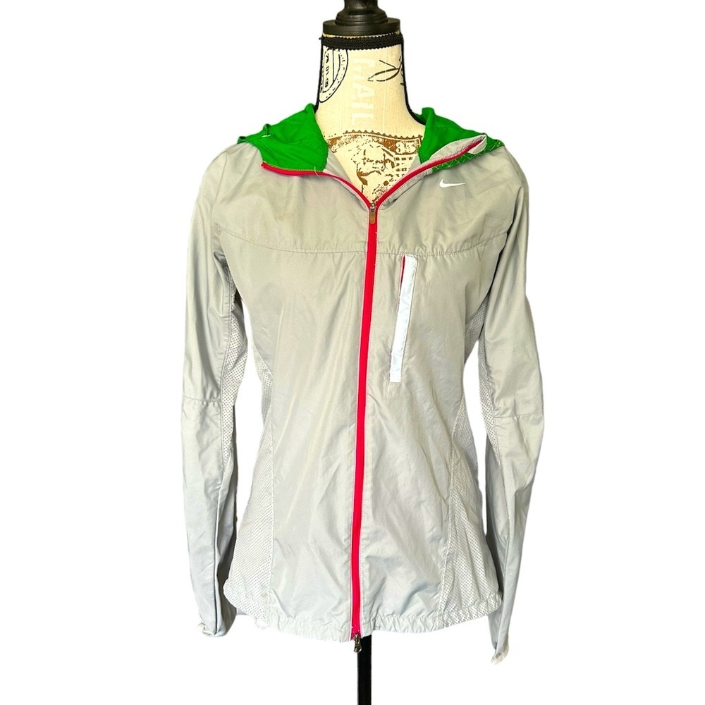 Nike women’s lightweight windbreaker gray, pink and green size small